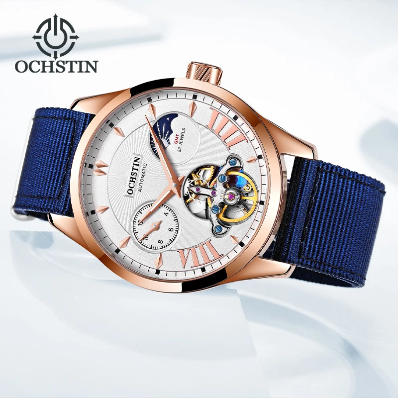 OCHSTIN Man Skeleton Mechanical Movement New Creative Nylon Series Tourbillon Watches Men's Sun Moon Phrase Classic Wristwatch