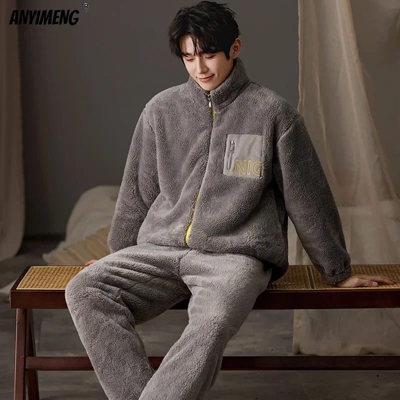 New Flannel Pajamas for Men Winter Thick Velvet Cardigan Pajama Sets Lapel Zipper Homewear Soft Warm Nightwear Man Pyjamas