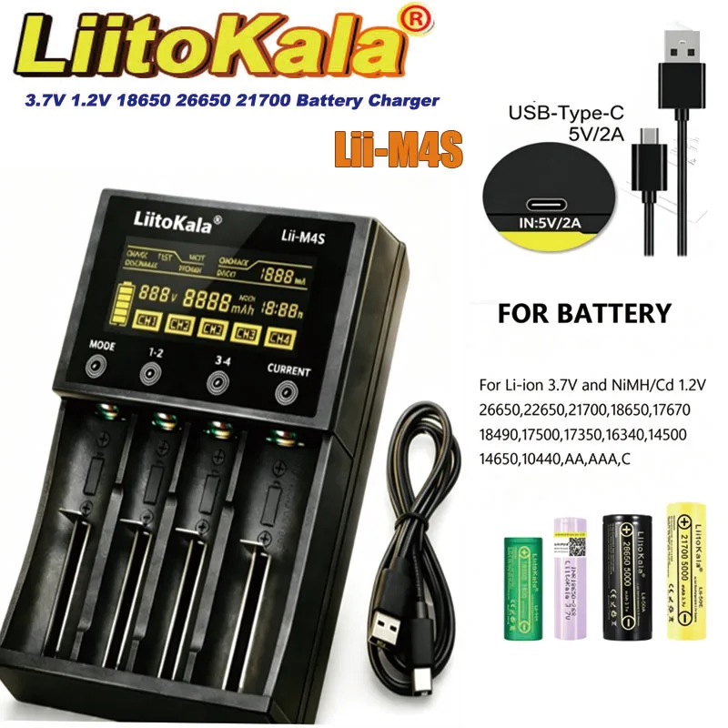 LiitoKala Lii‑M4S Smart Battery Charger 4 Slot Type‑C LCD Display Capacity Test Discharge Storage Mode For 18650 14500 26650 AA