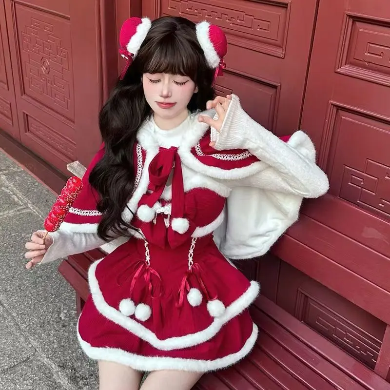 

Women Red Coat+sweet Top +mini Skirt Female Casual Cosplay Princess Designer Set Winter Lolita Christmal Three Piece Set 2026