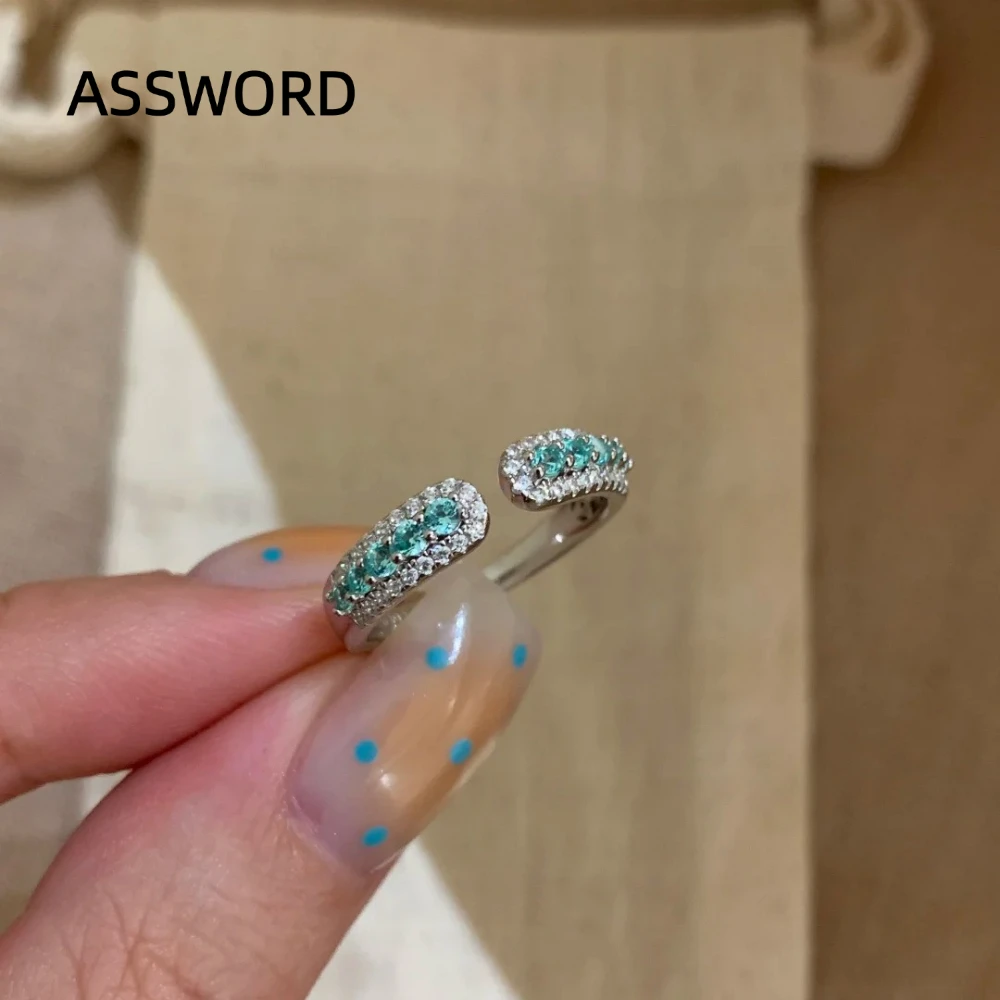 925 Sterling Silver Blue‑Green Zircon Bypass Open Ring Double Row Pave Setting Adjustable Stackable Ring for Women Fine Jewelry