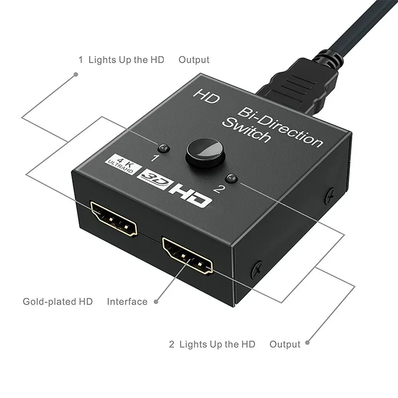 4K UHD Switch 2 Ports Bi-Directional 1x2 / 2x1 HD Switcher Splitter 4K 1080P 3D HDR HDCP for PS4 PS3 Xbox HDTV BOX DVD Display