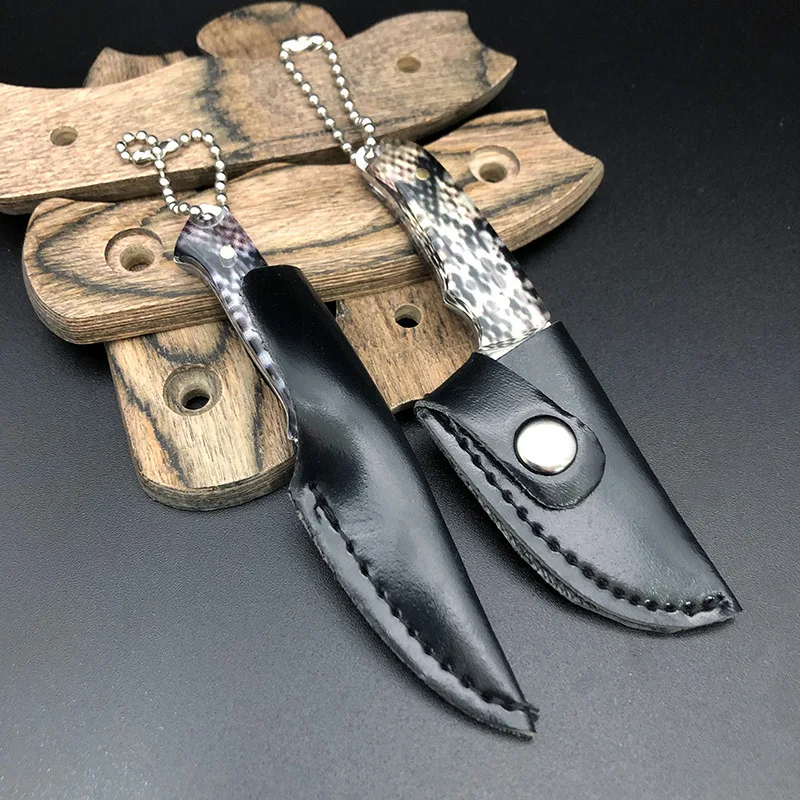 Portable Mini Fixed Blade Knives for Express Box Collection Keychain Small Kitchen Knife Beer Opening  Gift with Leather Case