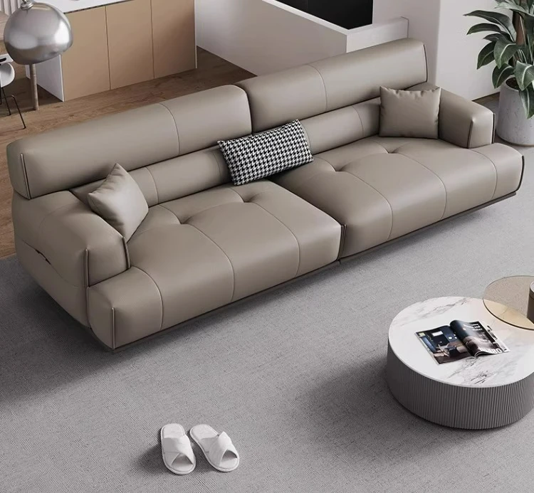 LTT leather sofa one word light luxury minimalist sofa living room first layer cowhide sofa