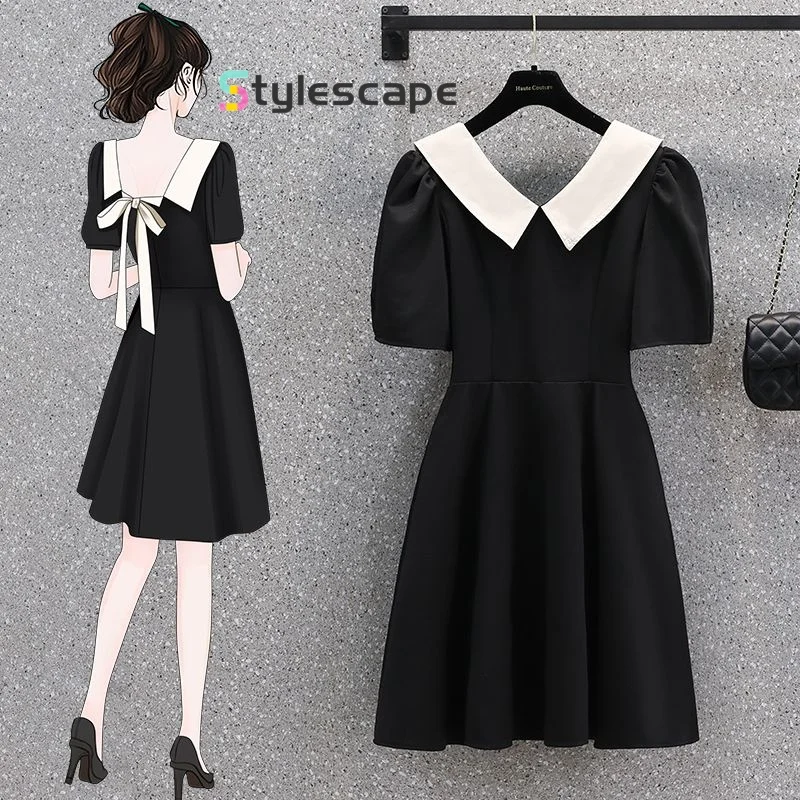 2024 Summer New Large Doll Neck Off Shoulder Bow Tie Up Dress Hepburn Style Little Black Dress