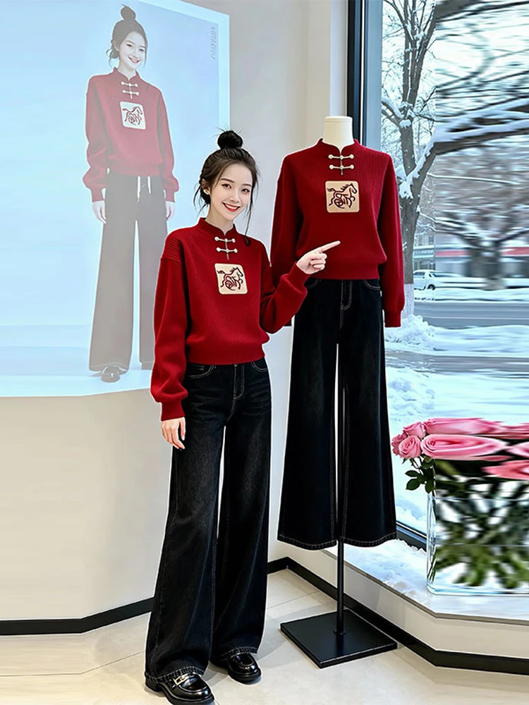 

New Chinese Style Knitted Long Sleeve Shirt with Button Stand Collar for Women White Enhancing Autumn Winter New Fashion Retr...