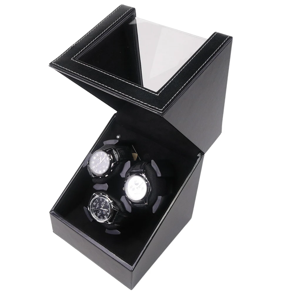 Black PU Leather 3 Slots Real Silent Automatic Watch Winder Safe LeatheretteDisplay Storage Box