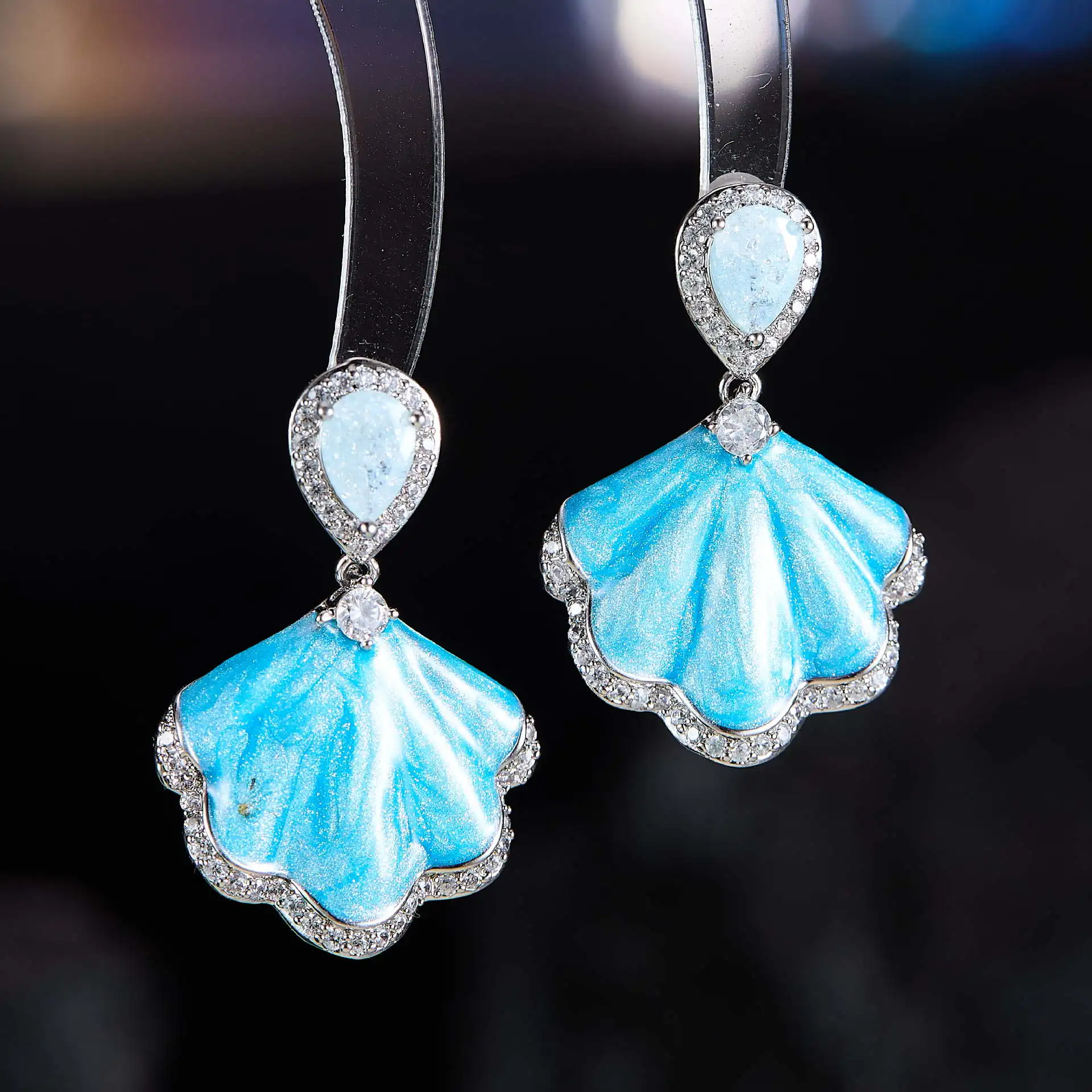 Chinese Style Retro Enamel Drip Oil Fan-shaped Earrings Niche Light Luxury High-end Versatile 925 Silver Needle Earrings