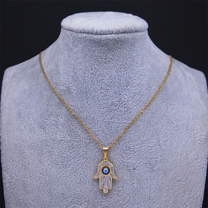 Griechisches Auge Fatima Hand Halskette für Frauen Männer Edelstahl Türkisch Böse Blaue Augenschutz Kette Islamischer Schmuck N8041S01 – Detail 9