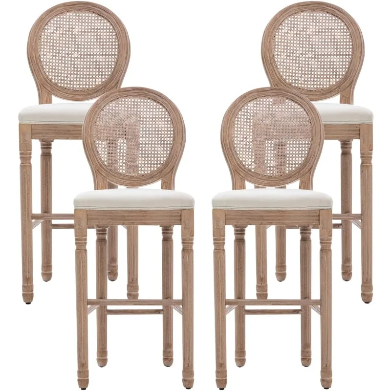 

Farmhouse Bar Stools Set of 4, French Country BarStools with Solid Wood Frame and Upholstered, Rattan Back Kitchen Bar Sto