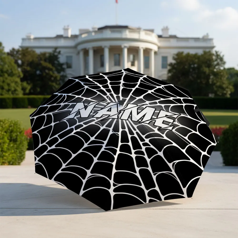 Custom Name Umbrella Black And White Spider Web Graphic Print Folding Compact Travel Parasol Dark Geometric Pattern