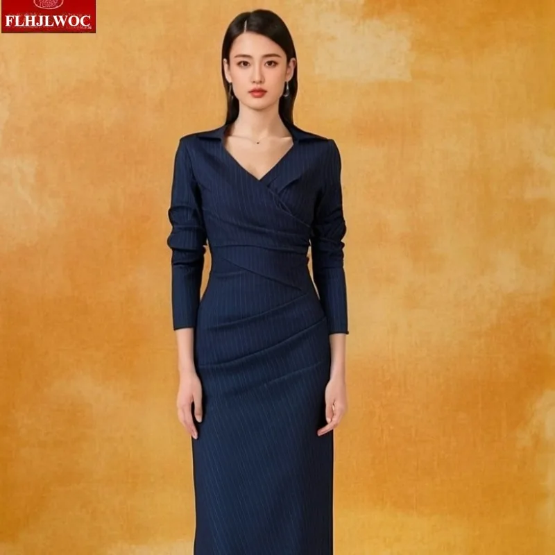 Gestreepte shirtjurken Nieuwe herfst lente vrouw basics dragen elegante kantoordame V-hals slanke taille gedrapeerde Franse potlood splitjurk