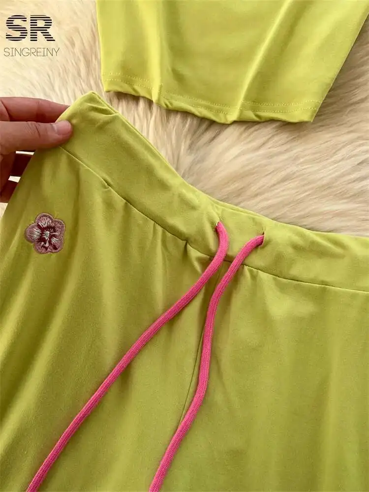 BabYoung Hotsweet Ricamo Due Pezzi Abiti da Donna Senza Spalline Senza Maniche Camis + Pantaloni Lunghi Moda Americana Casual Vacanza Set