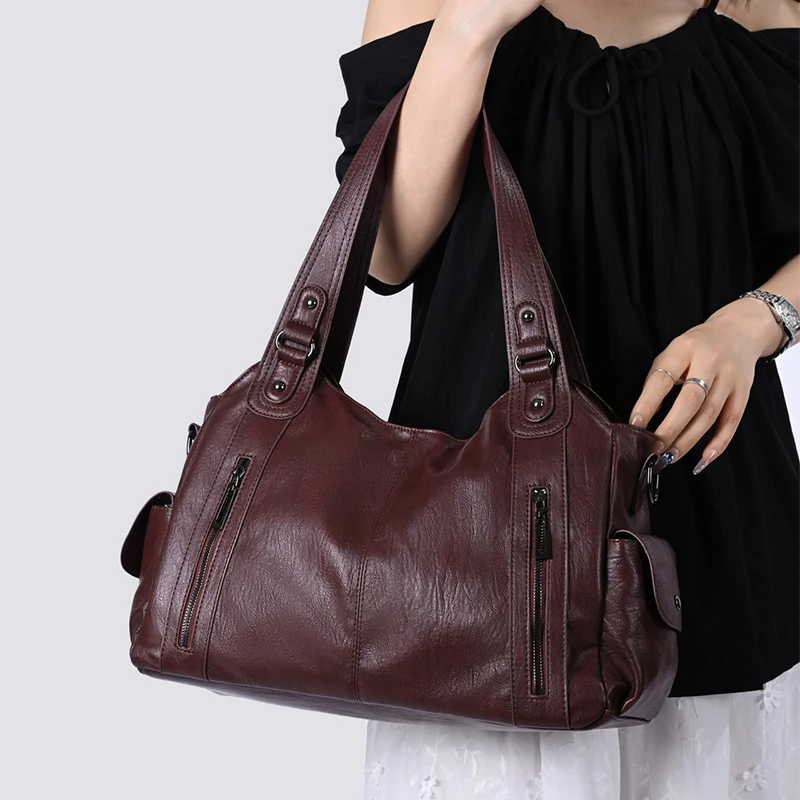 Damen Vintage PU-Leder Handtasche mit mehreren Reißverschlusstaschen, modische Schulter- und Umhängetasche für Arbeit, Alltag und Reisen – Detail 11