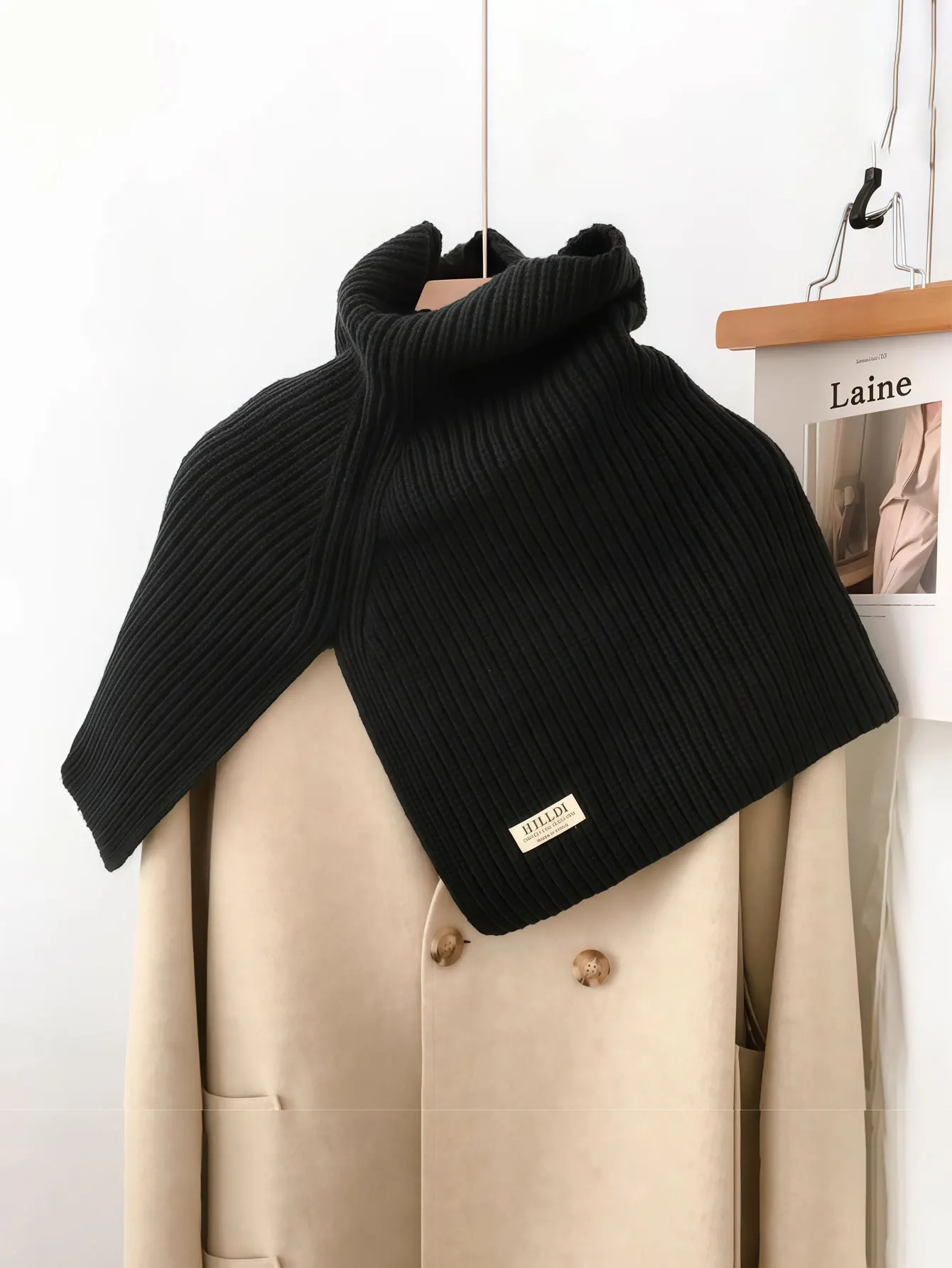 1PC  2026 Autumn/Winter New Style Solid Color Outerwear Warm Pullover High-neck Knitted Frayed Two-color Patched Scarf