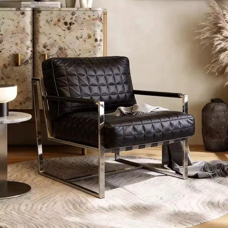 

Italian minimalist light luxury leisure single leather sofa chair, living room bedroom premium stainless steel armchair