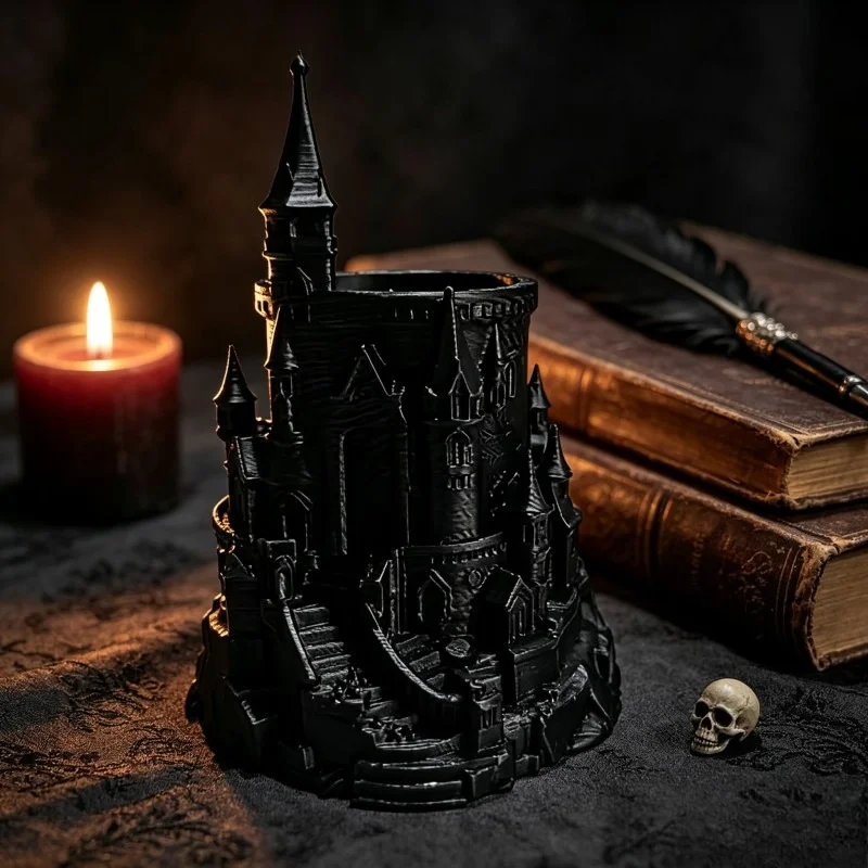 3D-printed Retro Dark Black Castle, Gothic Fantasy-style Desktop Pen Holder Storage Piece Halloween  Makeup Brush Organizer