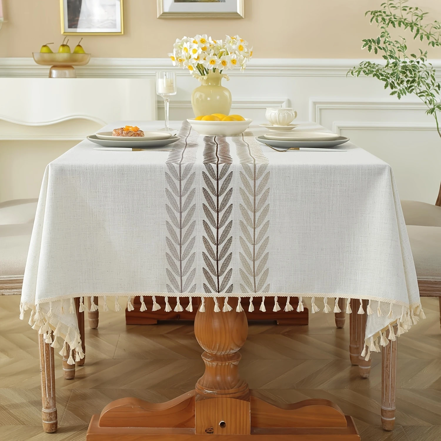 

Summer Linen Square Cotton Tablecloth with Tassel - Farmhouse Dining Table Cover for Kitchen and Holiday Décor Cocktail tables