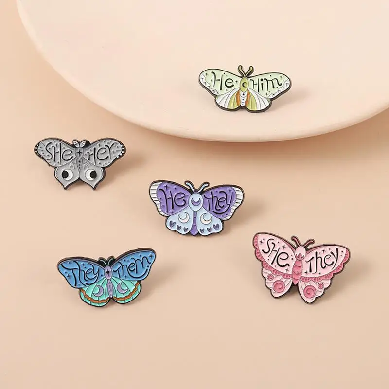 Butterfly Pronouns Enamel Pins Custom SHE HER HE HIM THEY THEM Brooches Lapel Badges Insect Jewelry Gift for Kids Friends