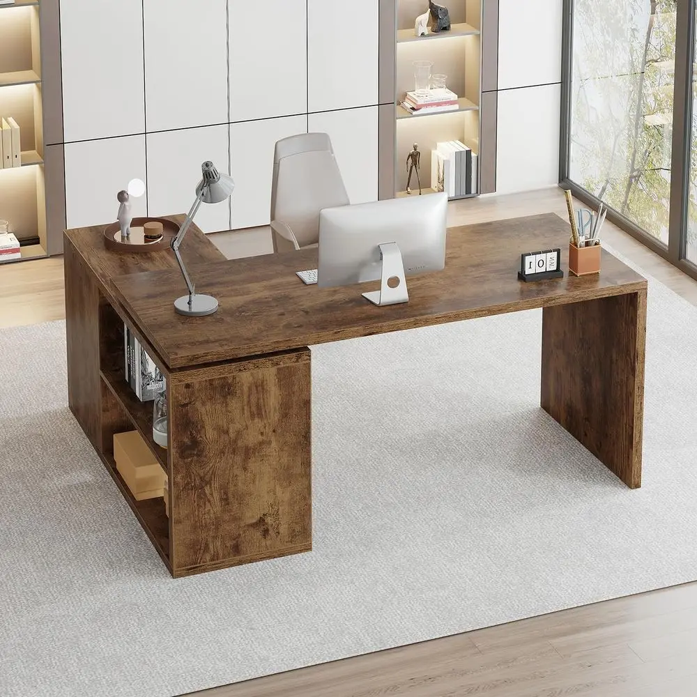 L Shaped Desk with Storage, Home Computer Desk, Rustic Brown, 55 Inch | Reversible Industrial Wood Executive Workstation with Ca