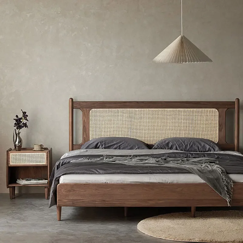 الجوز الأسود الأمريكي القديم، سرير الروطان الخشبي الصلب بالكامل، سرير مزدوج حديث وبسيط #5