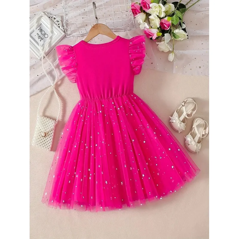 Summer Magenta Princess Dress with Stars And Moon Elegant Fashionable Popular Style Girls Sundress for Summer