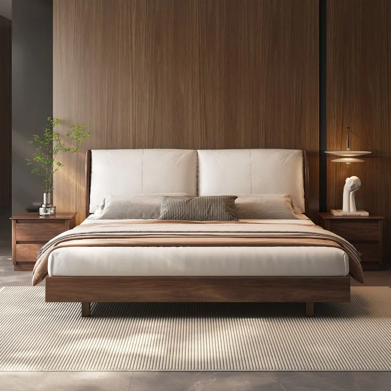 

Solid wood bed, black walnut soft bag bed, leather 2 meters, master bedroom large bed soft bag double bed, medium ancient style