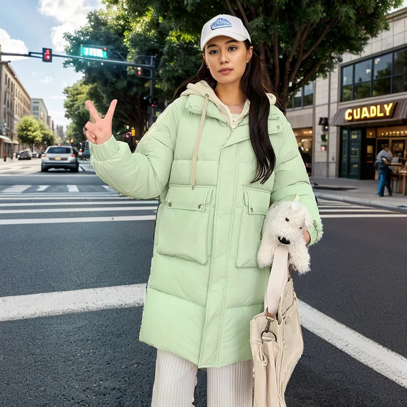 Women's Padded Jacket 2024 Winter Women Contrast Medium Long Fake Two Piece Cotton Jacket Female Hooded Casual Parkas Coats