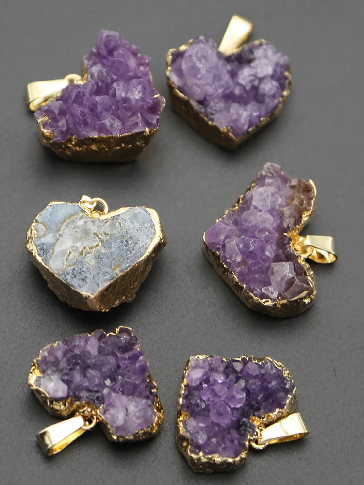 Natural Amethyst Love Heart Pendants Bag Phnom Penh Heart-shaped Quartz Mineral Necklaces Simple DIY Gift Jewelry 5Pcs/Wholesale