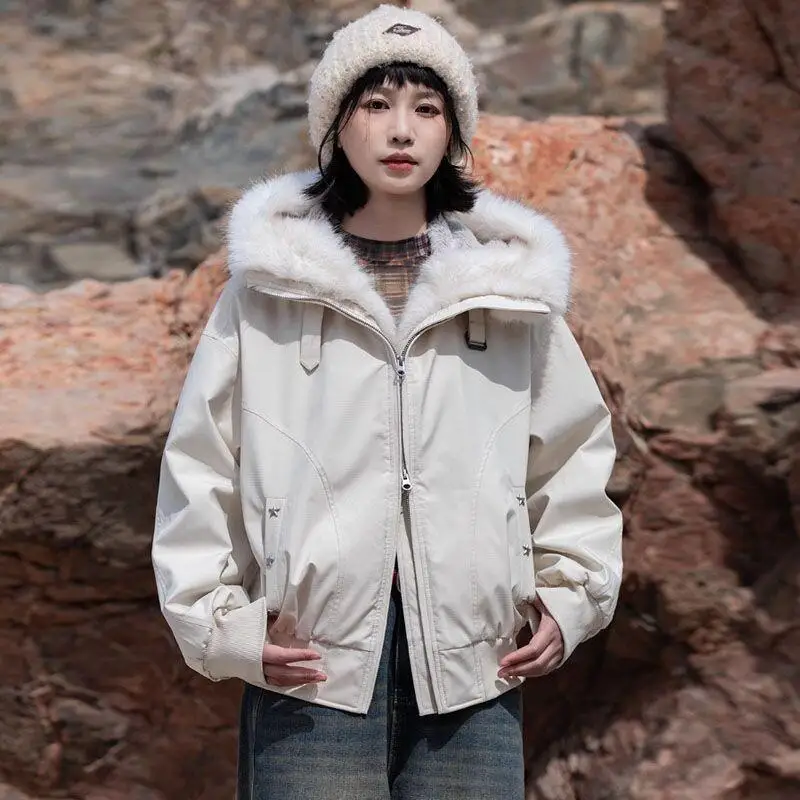 

Retro Style Jacket Patchwork Fur Collar Hooded Short Jacket Parka Motorcycle Thick Warm Winter Cotton Coat Cute Kawaii Fashion