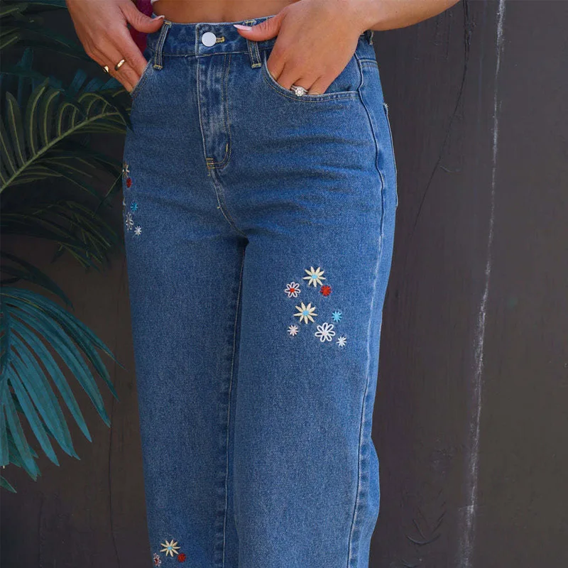 Elegant Floral High Waits Straight Jeans Women High Street Pocket Design Denim Pants Fashion Harajuku Female Long Trousers 2023