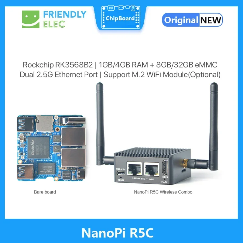 NanoPi-R5C Rockchip RK3568 Dupla Porta Ethernet 2.5G, Módulo M.2 WiFi, HDMI2.0, Linux, Openwrt, Debian, Ubuntu, Suporte