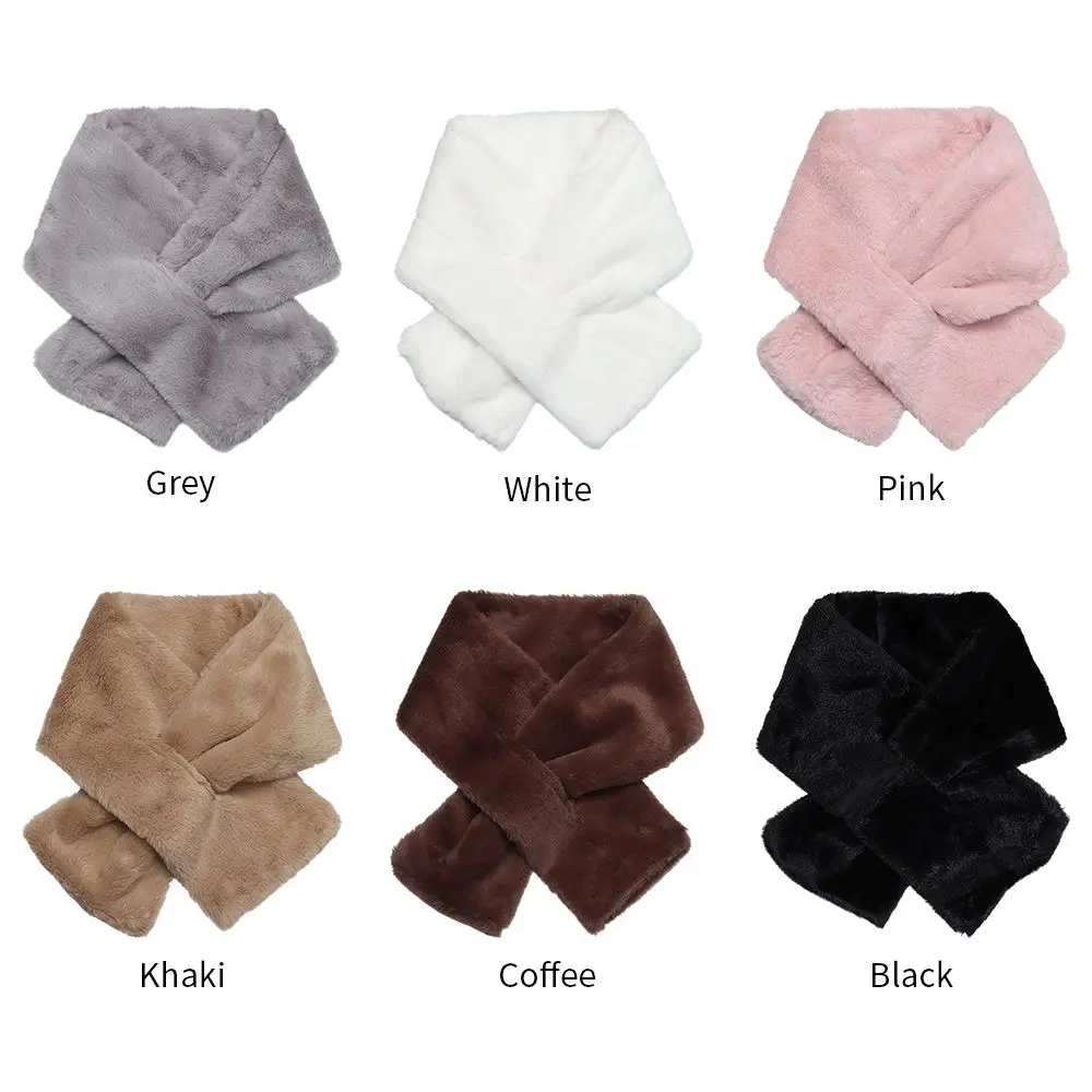 Women Winter Warm Thicken Cross Collar Scarf  Solid Color Faux Rabbit Fur Plush Elegant Shawl Scarfs