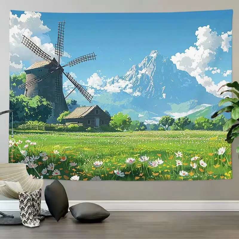 VIKAMA Anime Windmill Countryside Scenery Tapestry, HD Wear-Resistant Fabric Wall Hanging for Cozy Living Room Decoration