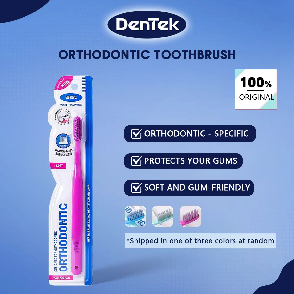 DenTek ORTHODONTIC TOOTHBRUSH 1 COUNT,Durable Plastic Handle,Dense Soft Fibers,Fine Textured Bristles,Orthodontic Bristle
