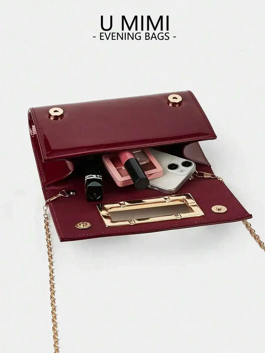 Glossy Patent Leather Clutch Bag With Chain Strap For Evening Party Wedding Formal Occasion