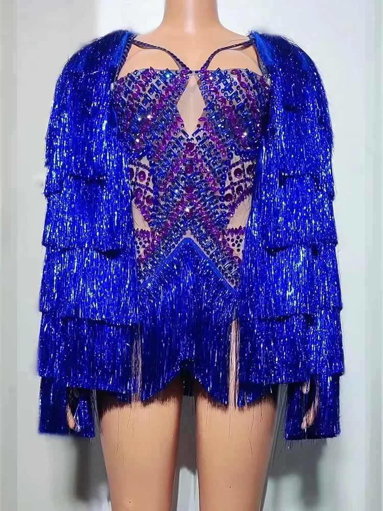 

Celebrity Fashion Blue Rhinestones Fringed Bodysuit DJ Women Bar Nightclub Performance Outfit Luxury Dancer Singer Stage Costume