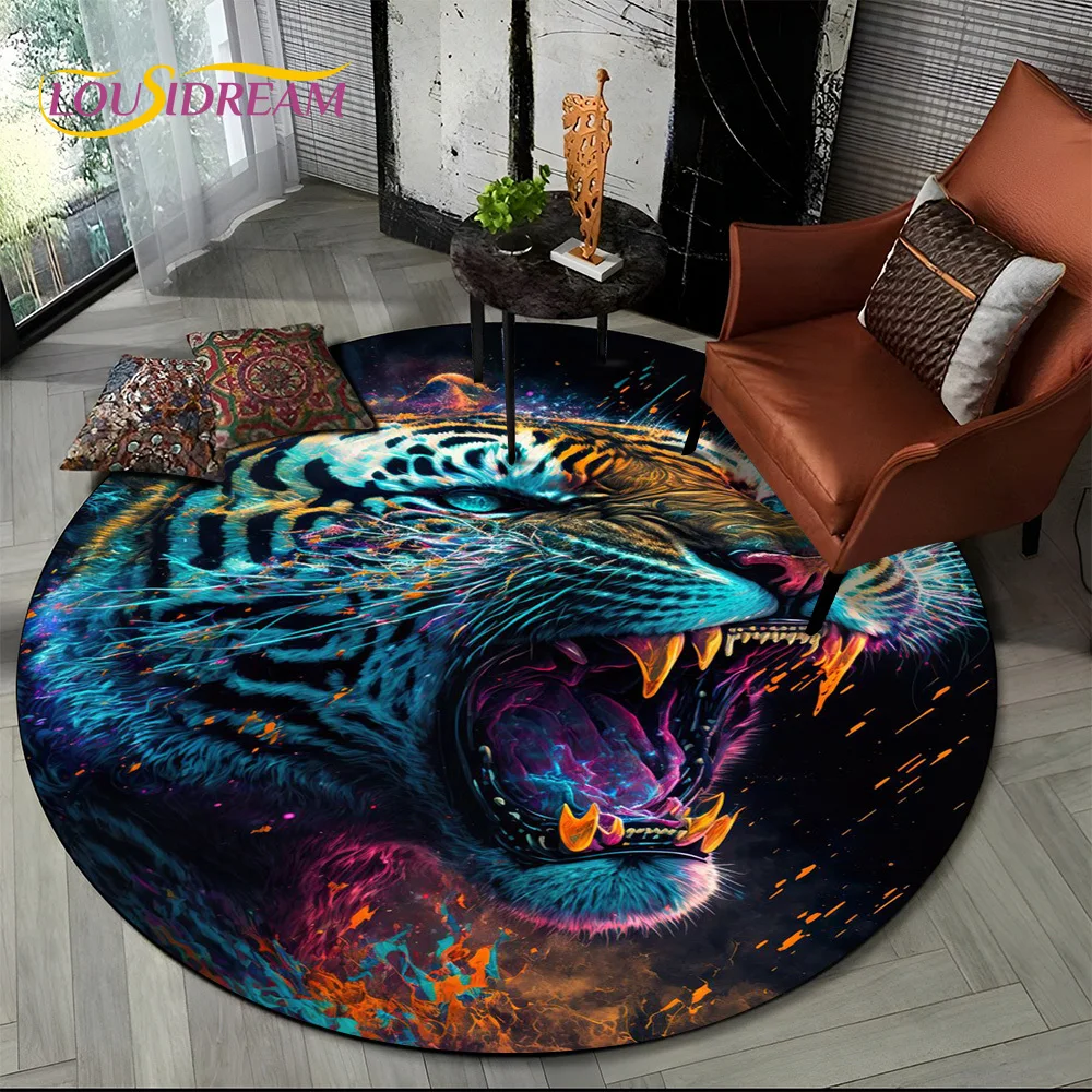 Beast Tiger Lion Leopard Animal Wildlife Cartoon Round Carpet Rug for Living Room Bedroom Child Decor,Pet Area Rug Non-slip Mat