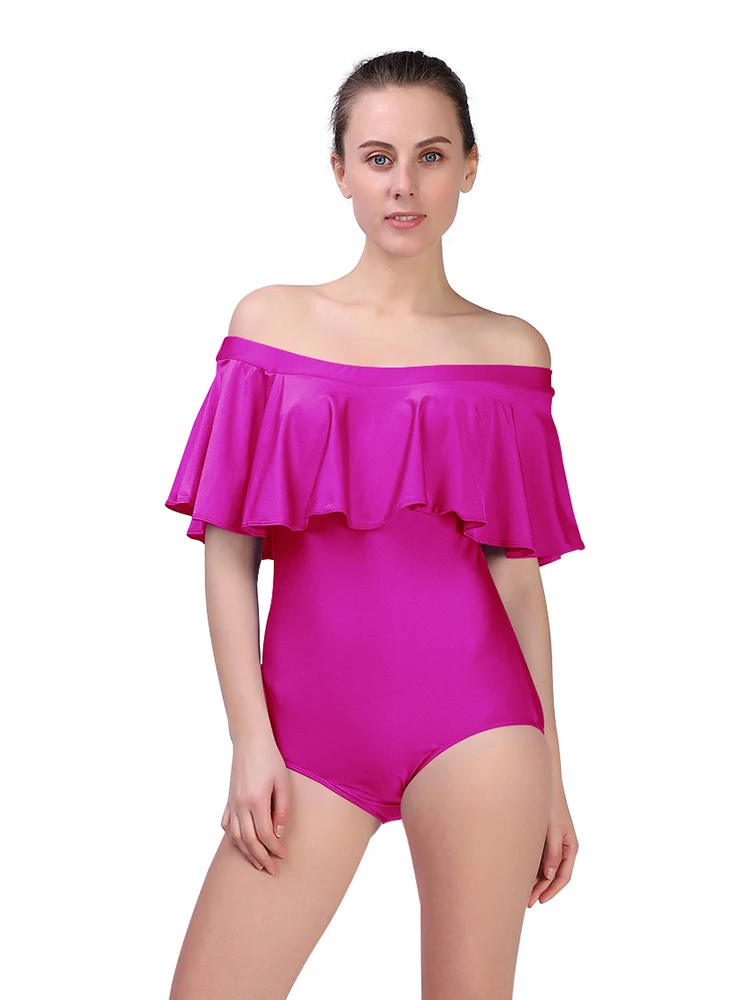 

New Women Ballet Dance Leotard Flounce Ruffle One Piece Swimsuits Off The Shoulder Strapless Tummy Control Bathing Suit Bodysuit