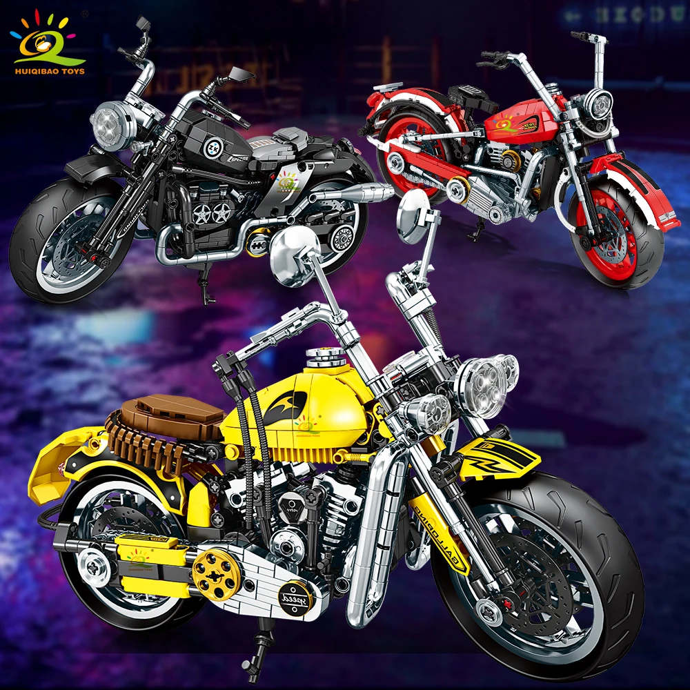 HUIQIBAO MOC Motorrad mit Ausstellungsständer, Modellbaustein, technisches Motorrad, Spielzeug für Jungen, Kinder, Sammlung, Heimdekoration