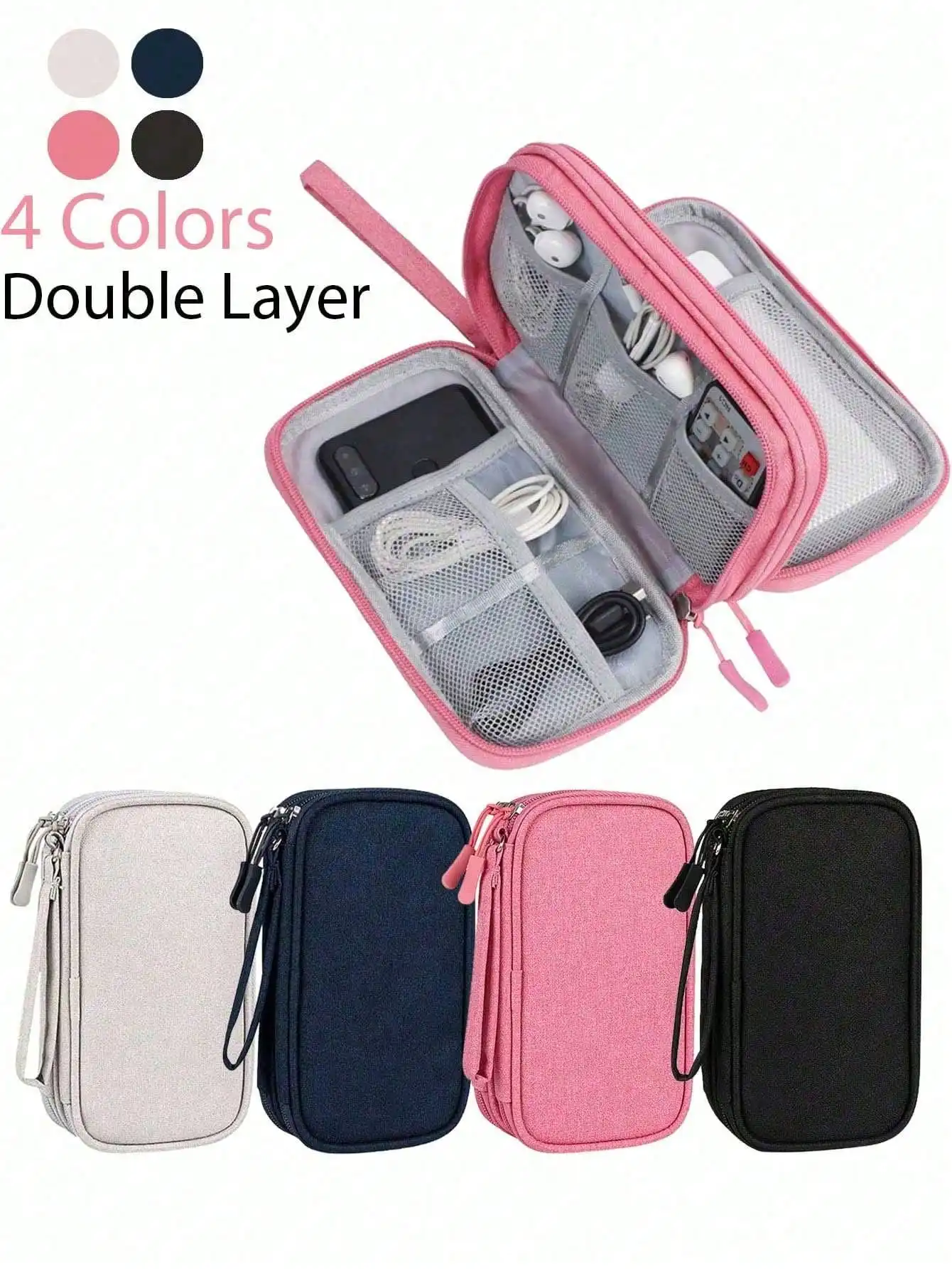 

Dual-Layer EVA Electronics Organizer Bag for Cables, Earphones, Power Banks - 4 Solid Colors