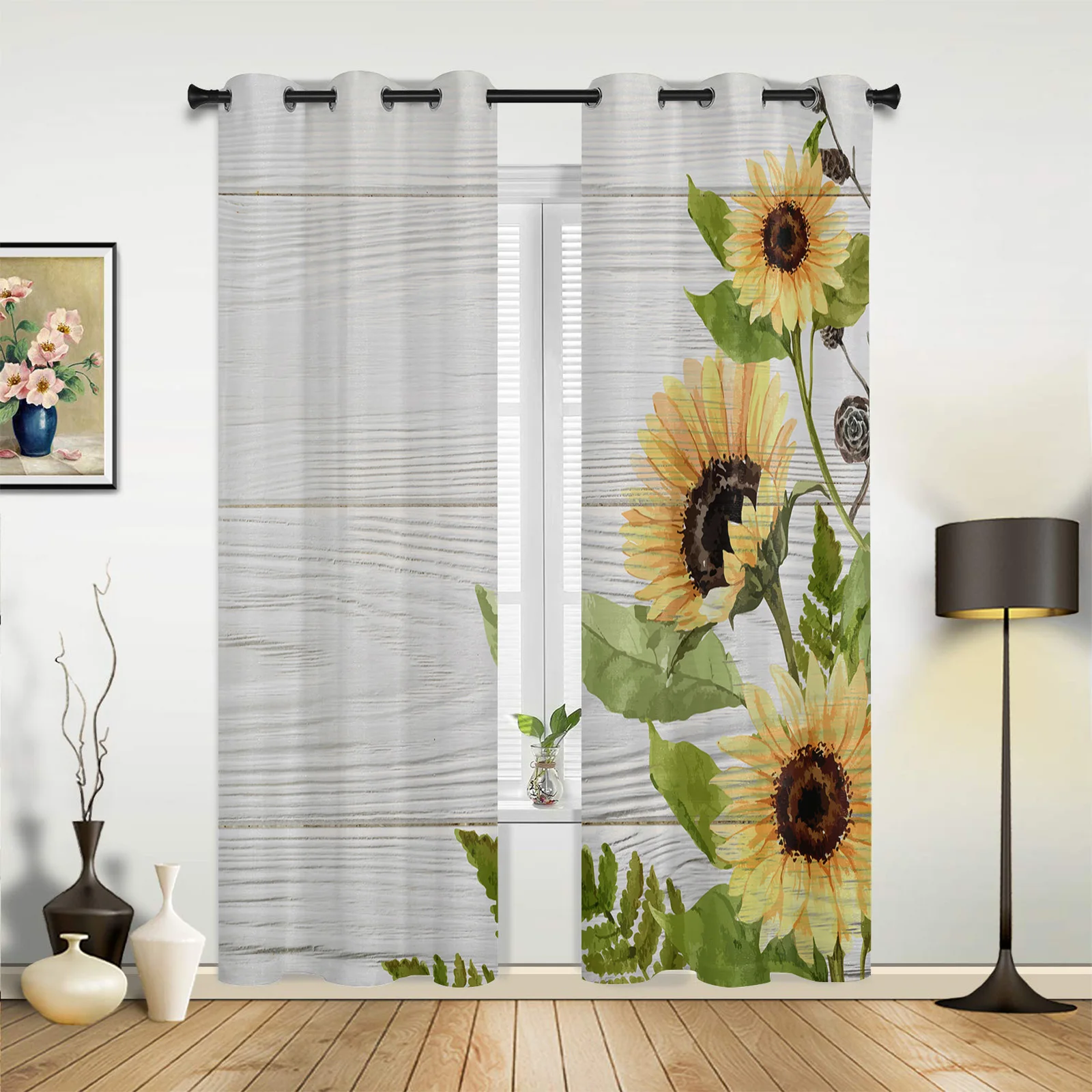 Sunflower Wood Grain Window Curtain for Living Room Balcony Decor Artistic Creative Drapes for Bedroom Kitchen Window Household