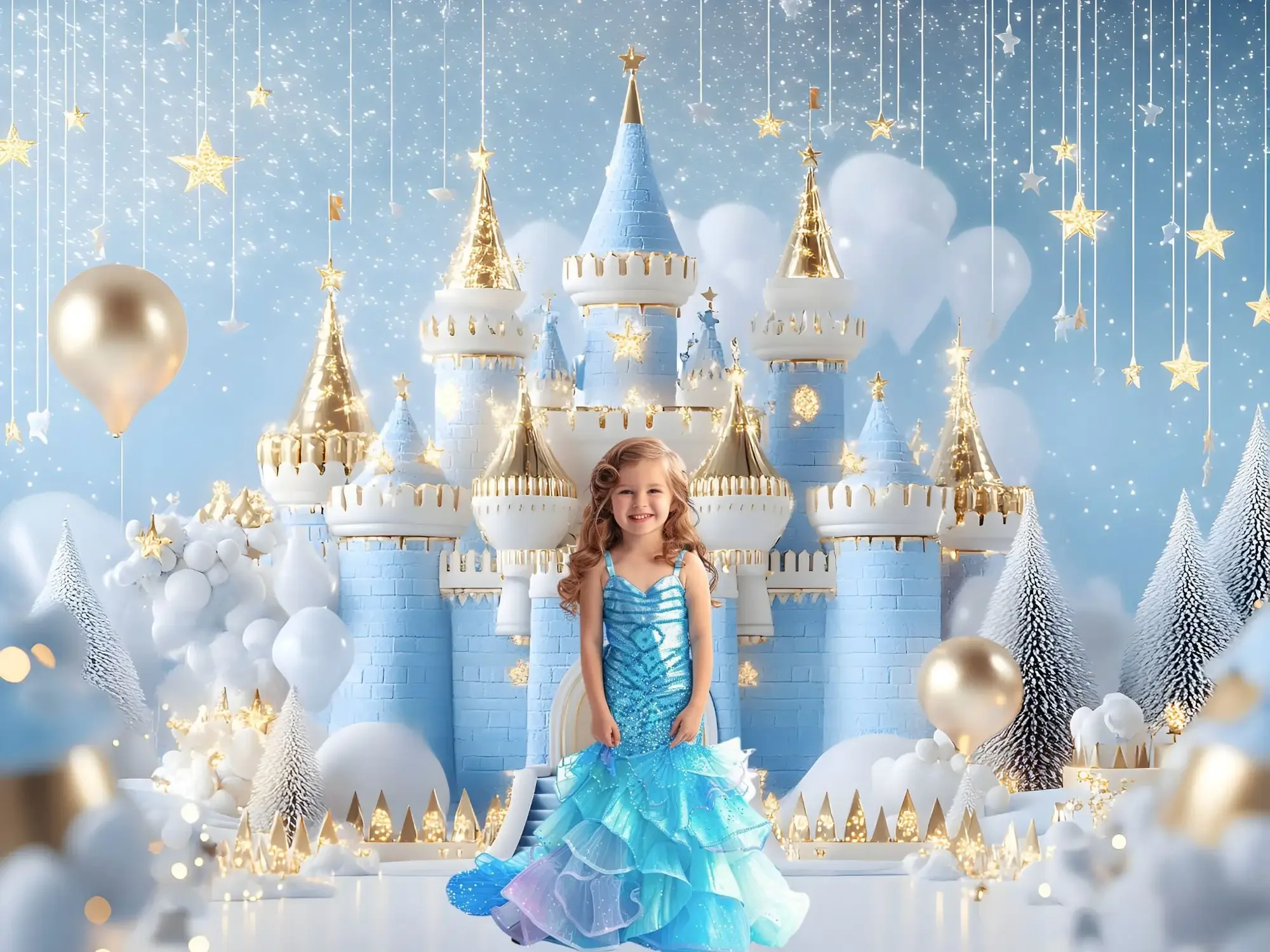 Mehofond fotografia tło marzycielskie niebieskie balony zamek dzieci urodziny ciasto Smash portret wystrój tło Photo Studio