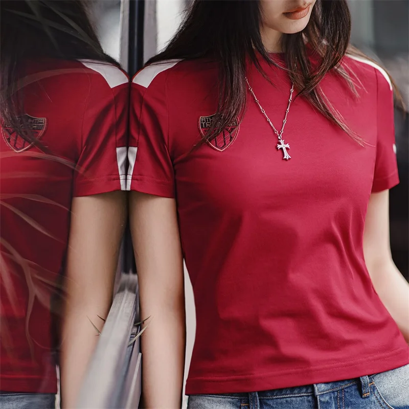 Maden Vintage Color-Block Sports Short Sleeve T-Shirt Women's Summer Red Slim Fit Crew Neck Tee Embroidered Street Casual Tops