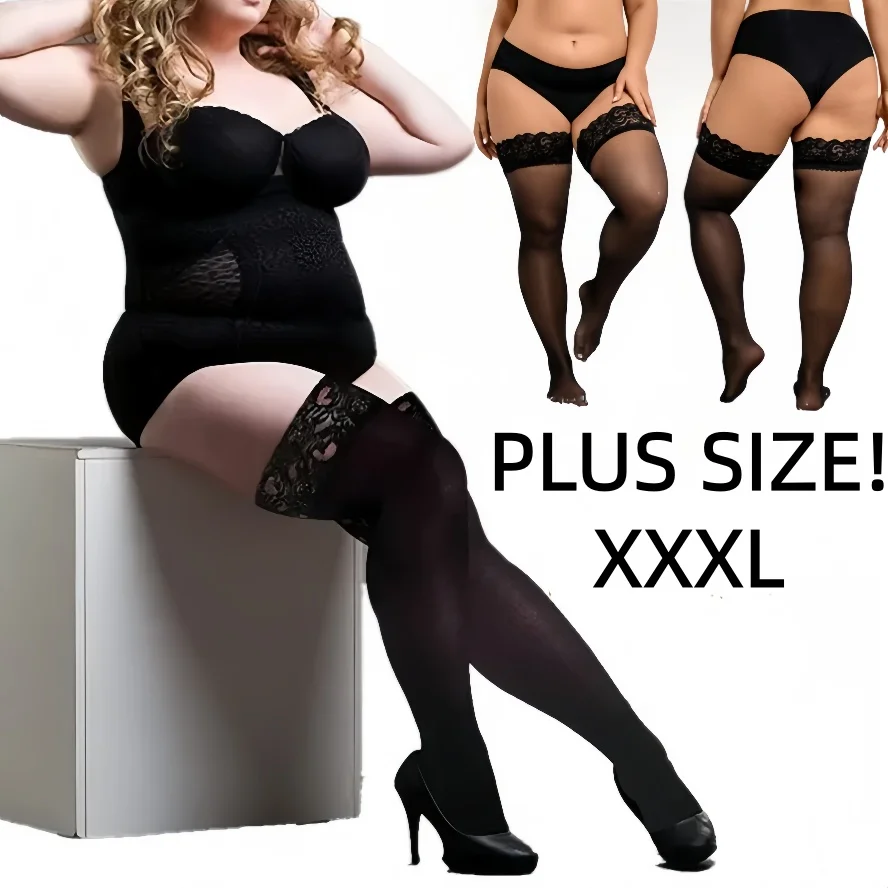 NEWJOINFUN Plus Large Size Anti slip Stockings Sexy Thigh High Lace Long Socks Stocking for Oversize Woman Black White 3XXXL 4XL