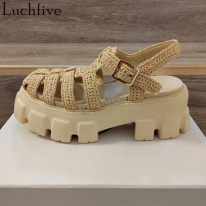 2023 Hot Sale Thick Soled Platform Sandals Women Rome Sandals Summer Hollow Beach Sandals Rattan Grass Weave Punk Flat Sandals