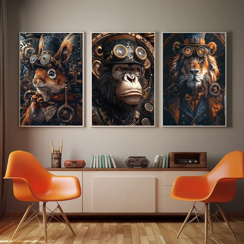 Steampunk Tiger Fox Owl Poster Art Canvas Painting And Prints Retro Funny Animal Tiger Gorilla Poster For Living Room Home Decor