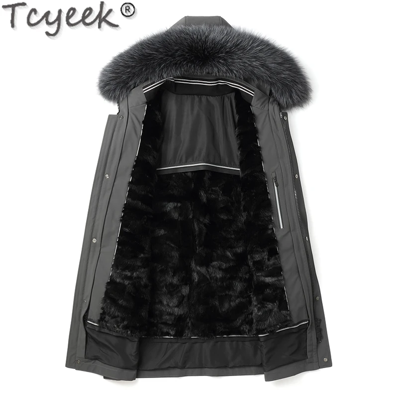 Tcyeek Mid-length Mink Fur Jackets for Men Fashion Men's Parka Real Fur Coat Men Clothes Winter Jacket Warm Real Fox Fur Collar