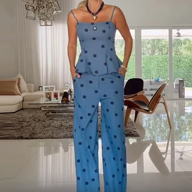 Elegant Off Shoulder Spaghetti Strap Top & Pant Suit Fashion Polka Dot Print Chic 2Pc Sets Sexy Sleeveless Pocket Women Outfits