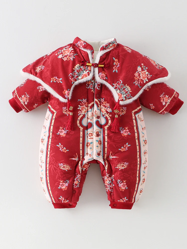 

Winter Red Celebration Baby Girl Suit Climbing Clothes Chinese Sle Birthday Ceremony New Year Visit One-Piece Baby Clothes